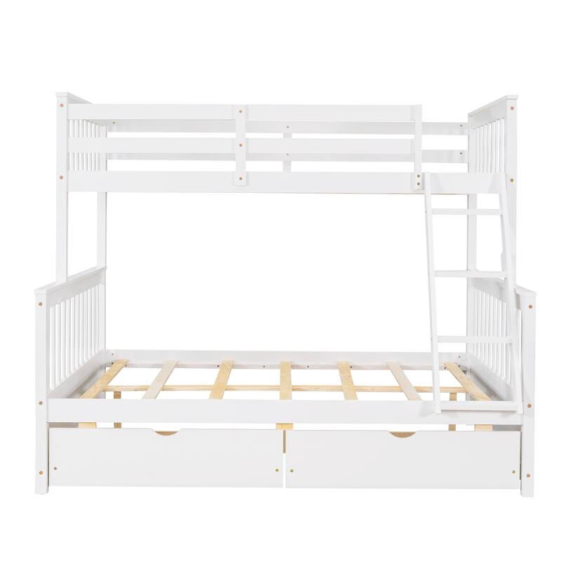 Twin-Over-Full Bunk Bed with Ladders and Storage Drawers in White