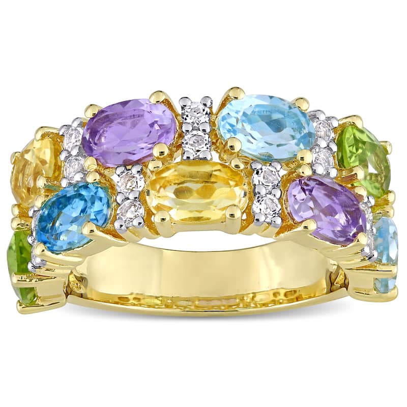 Multi Color Blue Topaz, Rose De France, Citrine & Peridot Mosaic Ring in Yellow Plated Sterling Silver by Miadora