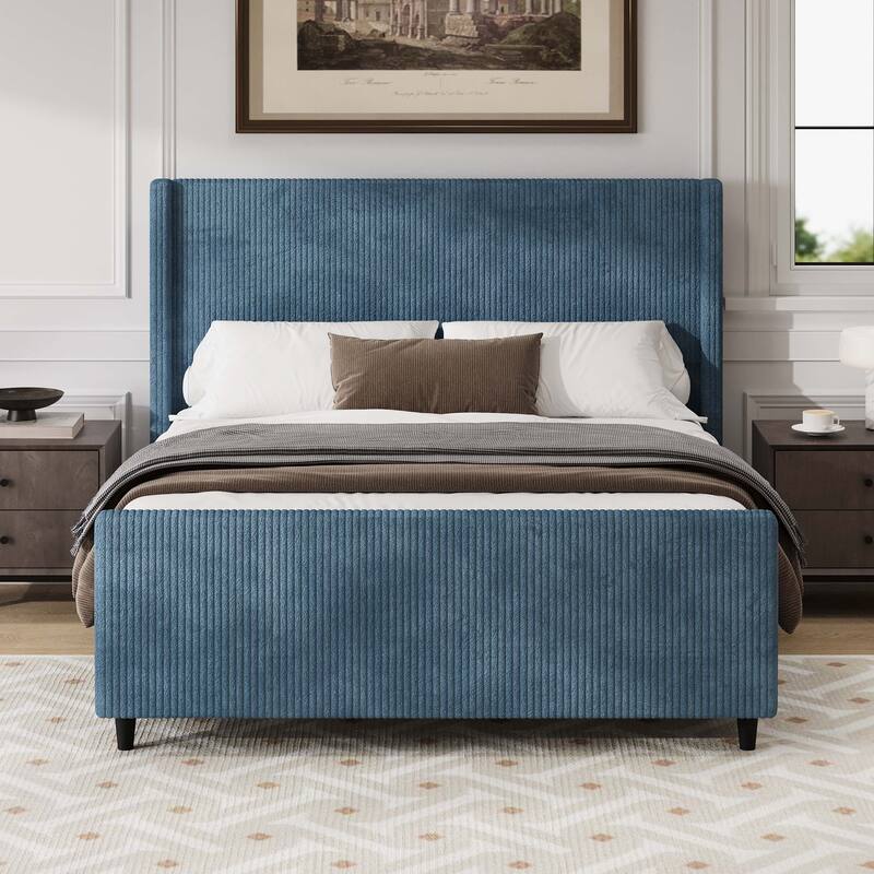 Corduroy Upholstered Bed Frame with Vertical Stripe Wingback and High Footboard