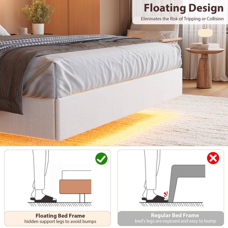 Full/Queen/King Floating Bed Frame with LED Lights & Charging Station, Upholstered Platform Bed with Storage Headboard