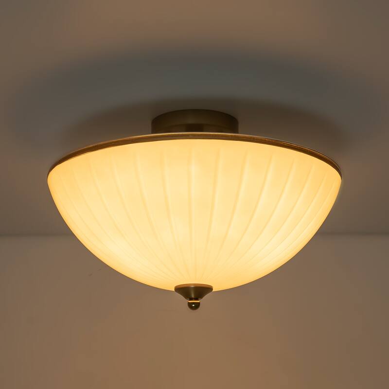 3-Light Bow-Shaped Semi-Flush Mount Ceiling Light White Glass Shade - Dia.15.55-in