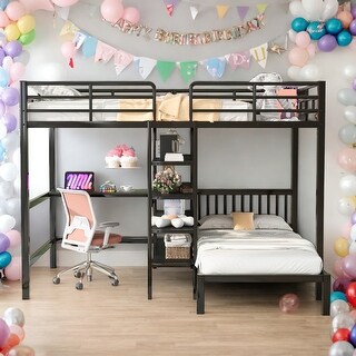 Full Over Twin Metal Bunk Bed with Built-in Desk, Shelves and Ladder,No Box Spring Required,Maximized Space,2 Color