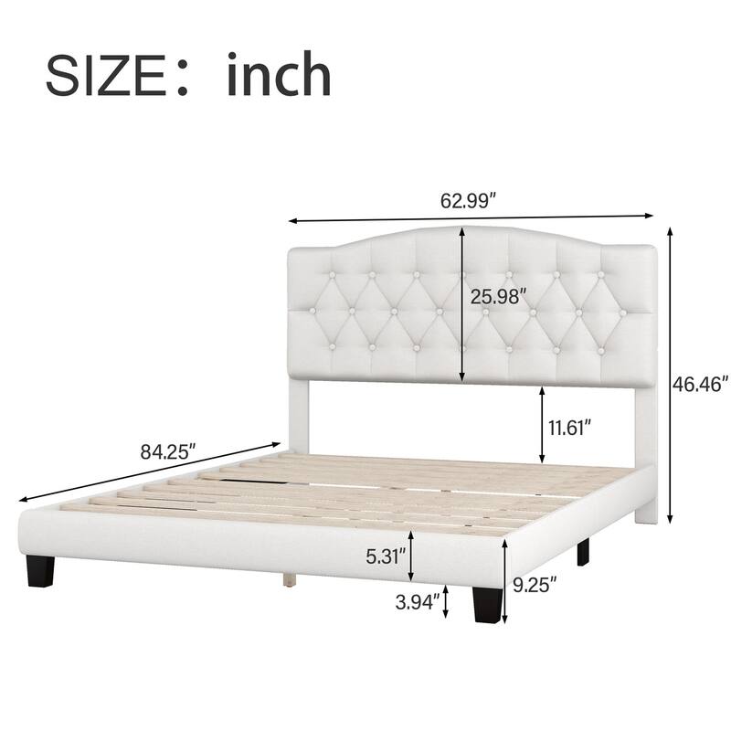Beige Linen Upholstered Wood Platform Bed with Tufted Curved Headboard