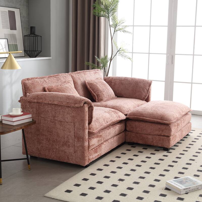 76'' Oversized Chenille Loveseat Sofa with Movable Ottoman Small Sofa for Apartment