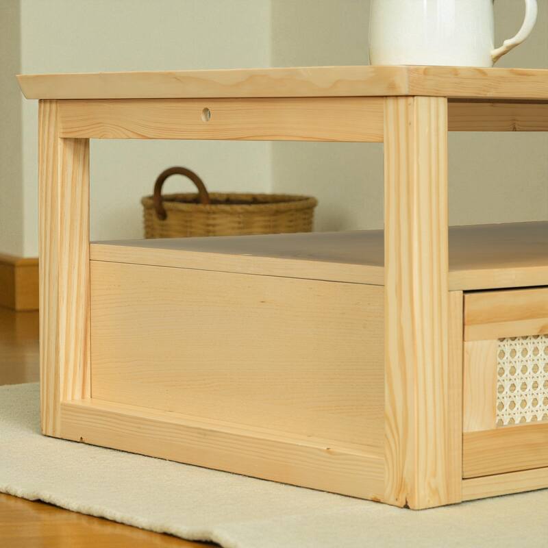 31.5'' Modern Coffee Table with Rattan Drawer, Dual Tabletops & Storage Shelf, Wooden Accent Table for Living Room