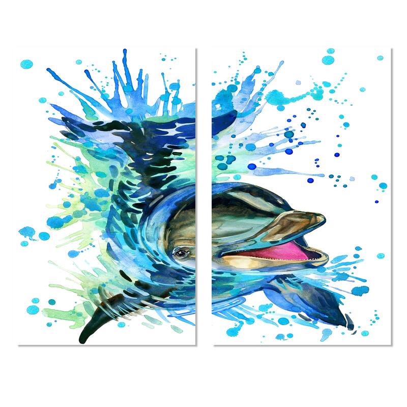 Designart "Large Blue Dolphin Watercolor" Contemporary Animals Canvas