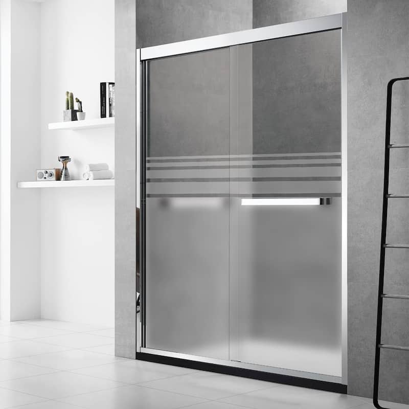 Frederick 59 in. W x 76 in. H Sliding Semi-Frameless Shower Door in Brushed Nickel with Frosted Glass - 60 x 76 - 60 x 76