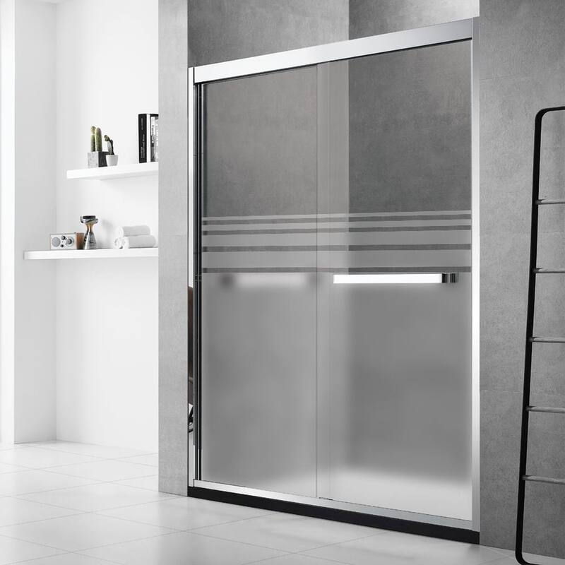 Frederick 59 in. W x 76 in. H Sliding Semi-Frameless Shower Door in Brushed Nickel with Frosted Glass - 60 x 76 - 60 x 76