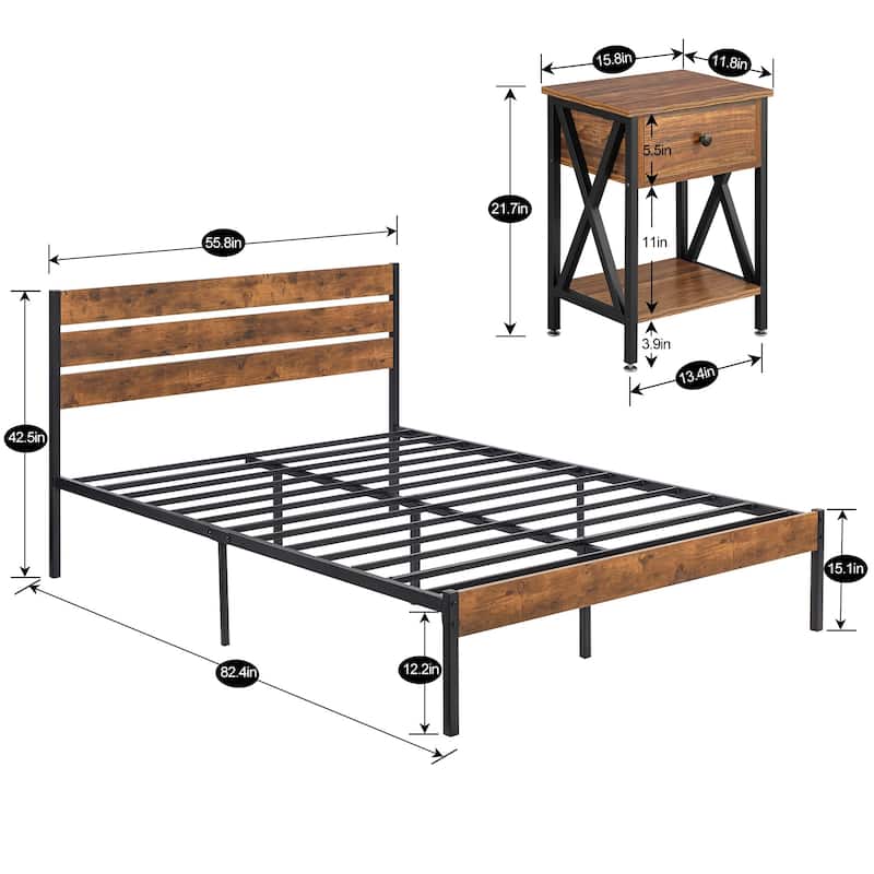 Javlergo Modern 3-Pieces Bedroom Set with Platform Bed Frame and Nightstands