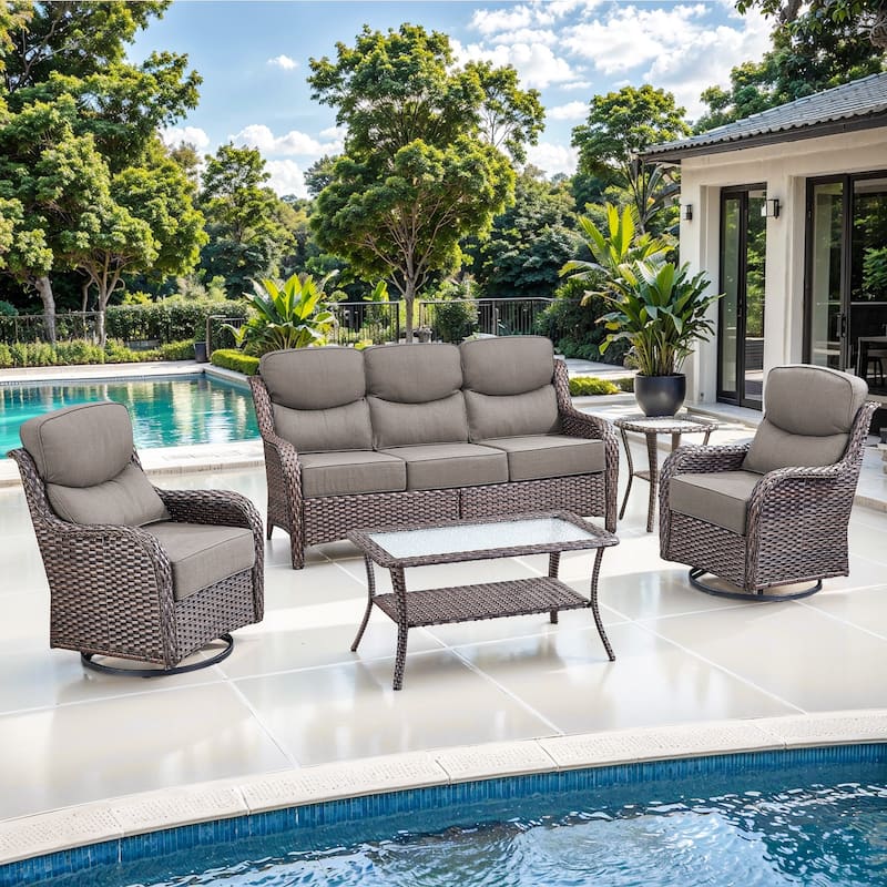 Gymojoy 5-Piece Patio Furniture Set with Swivel Glider Chairs, 6-Inch Ultra-Plush Cushions & Water-Resistant Olefin Fabric - Brown Wicker / Grey Cusion - 5-Piece
