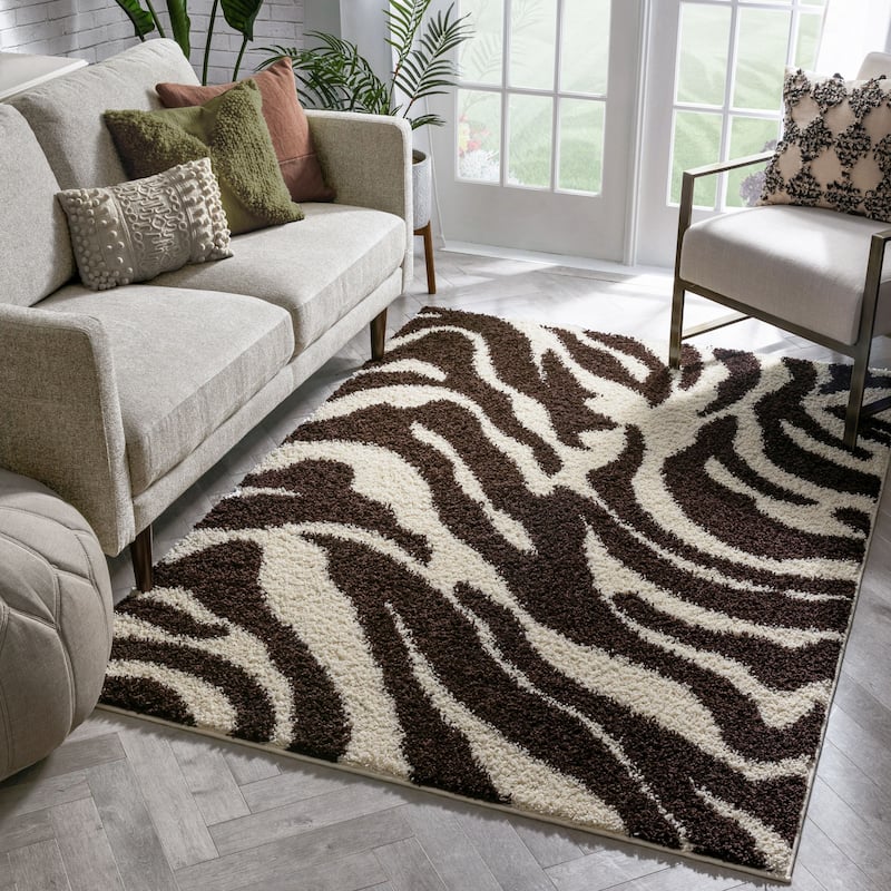 Well Woven Madison Shag Safari Zebra Animal Print Shag Area Rug