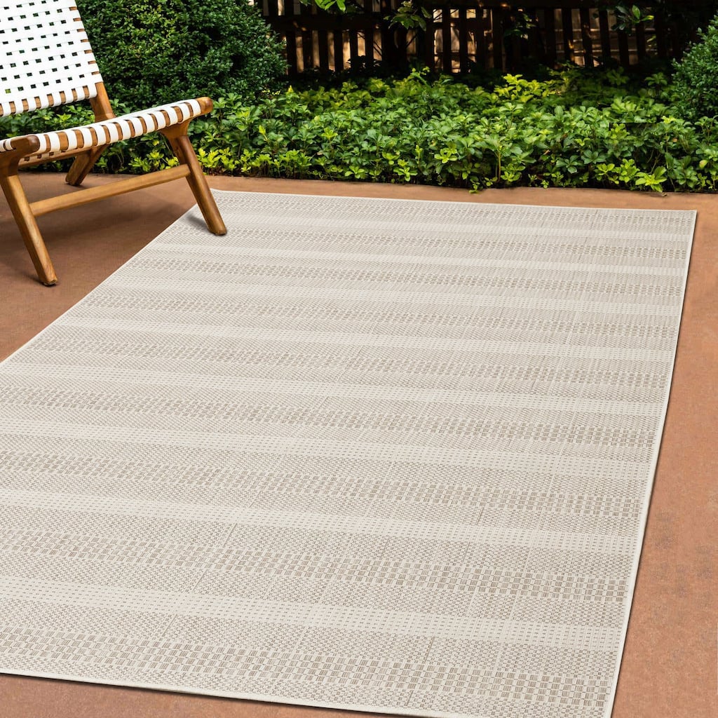 Cabana Collection - Cream Beige Subtle Neutral Striped Indoor-Outdoor Area Rug