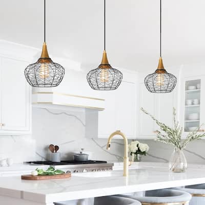 Modern FarmhouseBlack 1-light Large 10 in. Metal Wire Woven Pendant Cage Islands Ceiling Lights for Dining Room - D10" x H73"