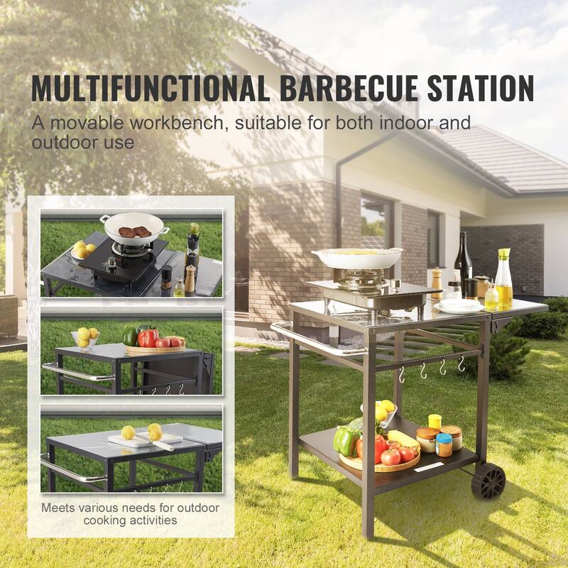 Black Metal BBQ Movable Prep Table with Foldable Side and Double Shelves, Wheels - 38.26” L x 25.19” W x 29.72” H