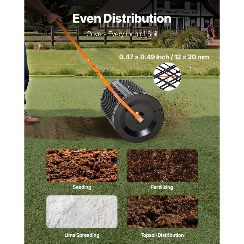 Compost Spreader, 24 in Peat Moss Spreader with T Shaped Handle, 3 Heights Adjustable, Powder-Coated Steel Peat Moss Rolle