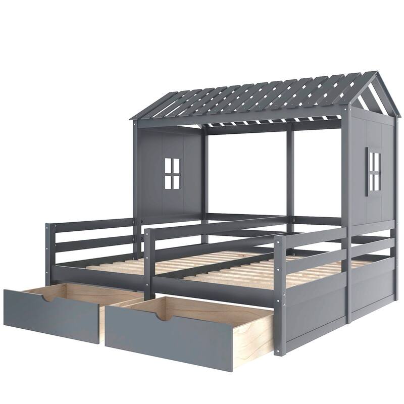 Merax 2 Shared Beds Twin Size House Platform Beds with Two Drawers