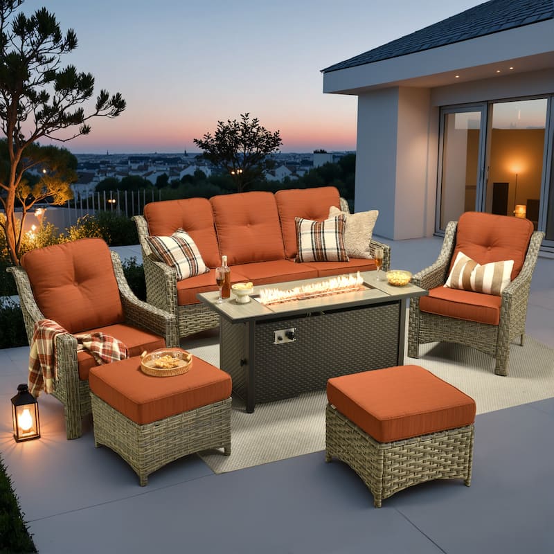 XIZZI 7-Piece Patio Seating Set with Cushions and Fire Pit Table - Red/Orange