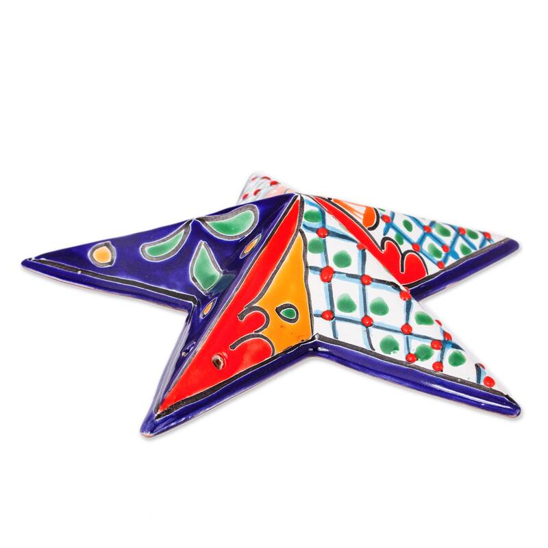 Novica Handmade Talavera Star Ceramic Wall Sculpture