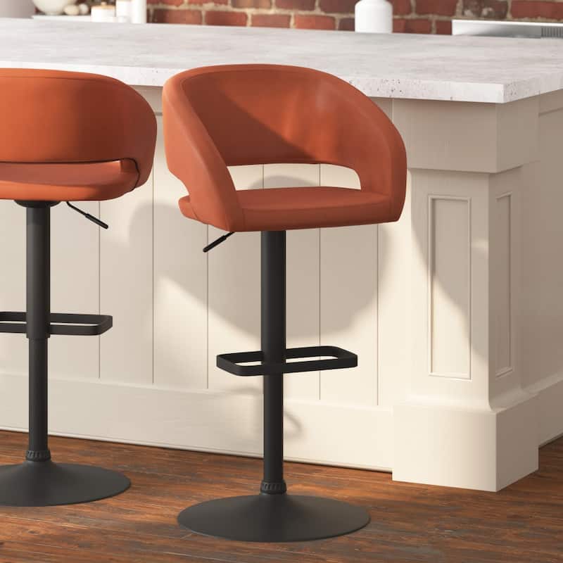 Modern Upholstered Adjustable Height Swivel Barstool with Footrest - Cognac Vinyl/Black Frame