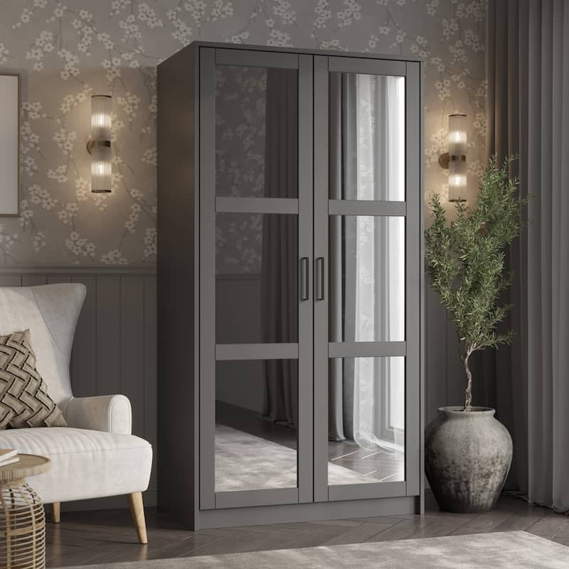 Palace Imports 100% Solid Wood 2-Door Urban Wardrobe Armoire with Solid and Mirrored Doors - Gray-Mirrored