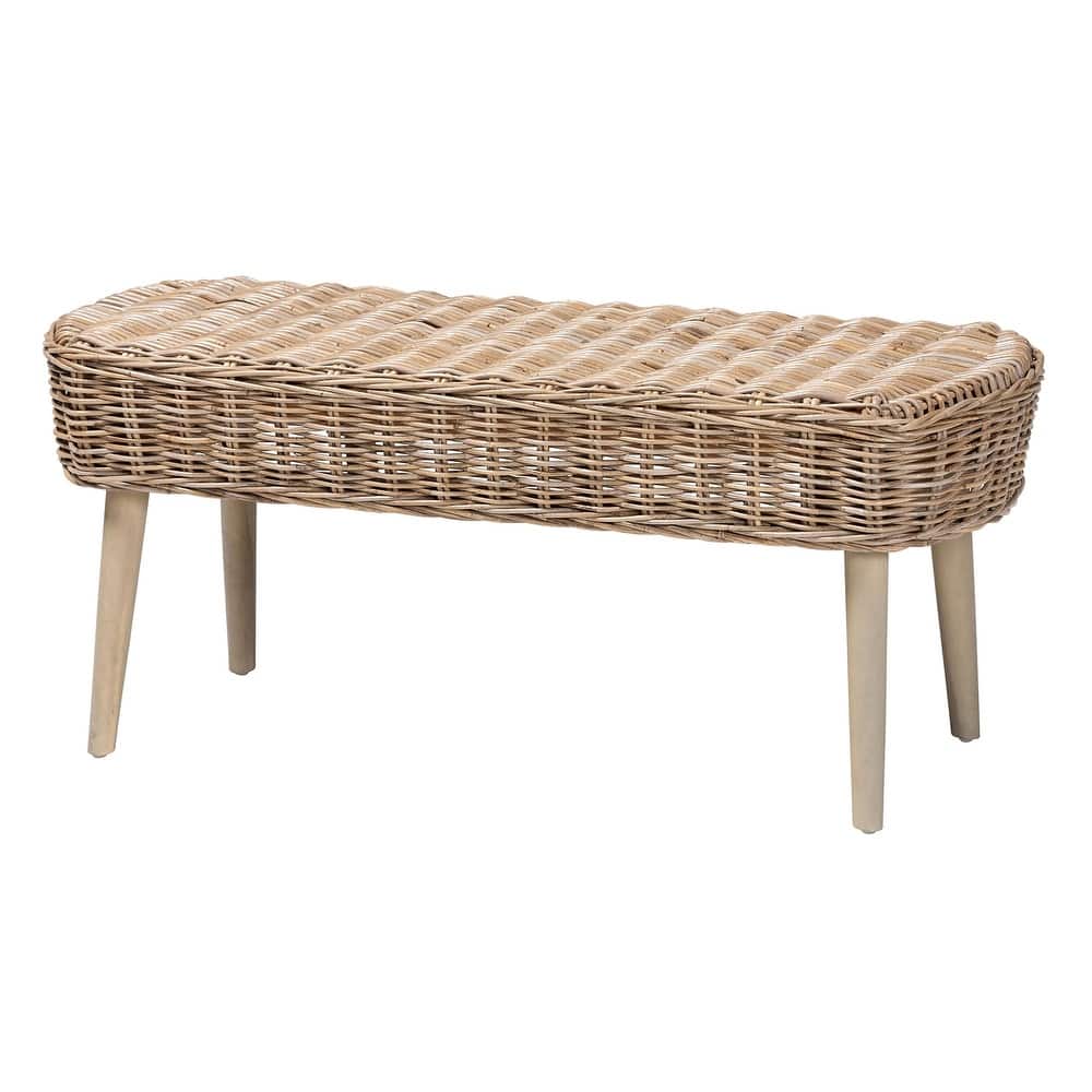 Raisa Modern Bohemian Natural Kubu Rattan and Grey Acacia Wood Accent Bench