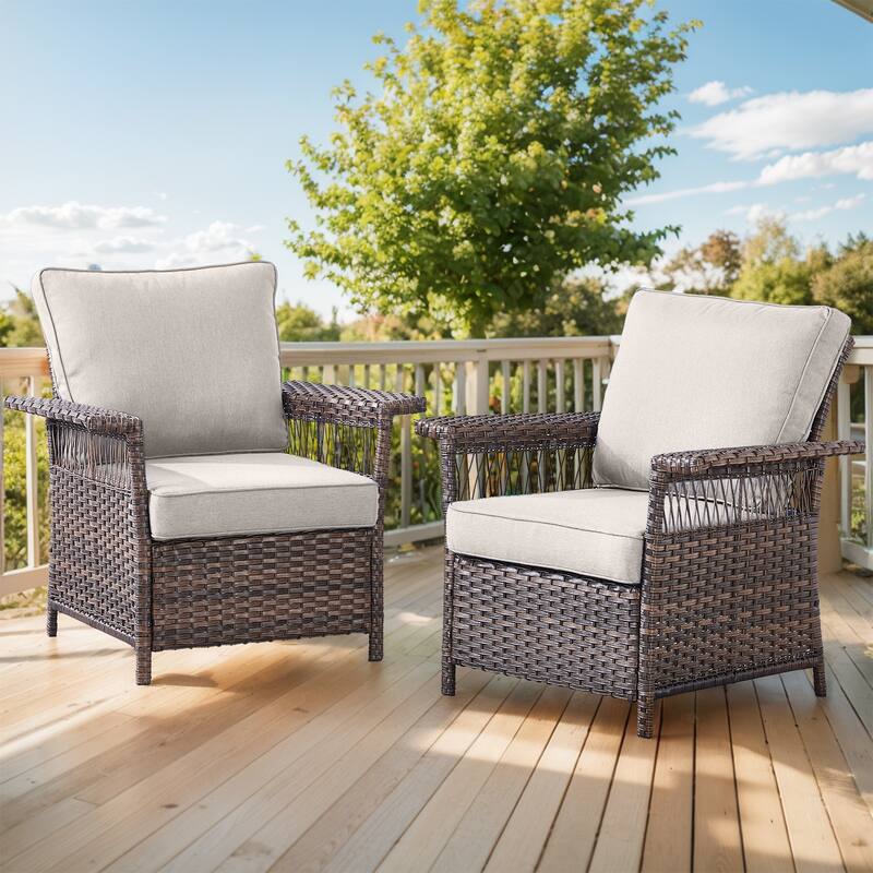 Pocassy Outdoor Swivel Chairs with Sofa Chair Ottoman and Table Set - Brown Wicker Beige Cushion - 2-Piece Patio Chair