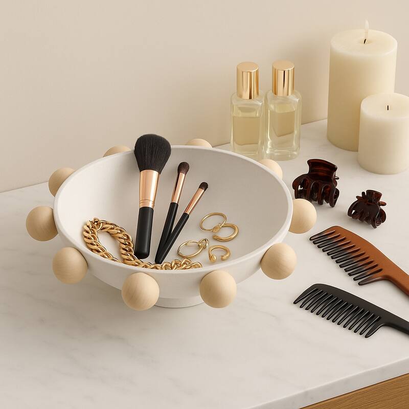 Wood and Metal Decorative Bowl with Fir Sphere Accents - 13" - 13.0"