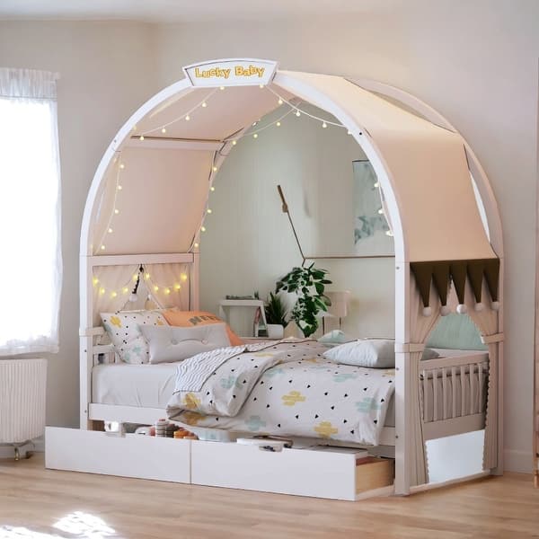 slide 2 of 23, Twin Size Kids Bed /2 Drawers With Arched Roof Light Strip Interactive Whiteboard White