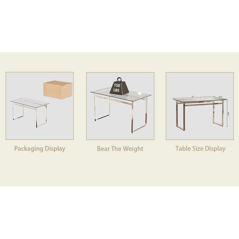 51" Modern Minimalist Rectangular Glass Dining Table for 4-6, 0.31" Tempered Glass with Silver Chrome Metal Legs - Transparent