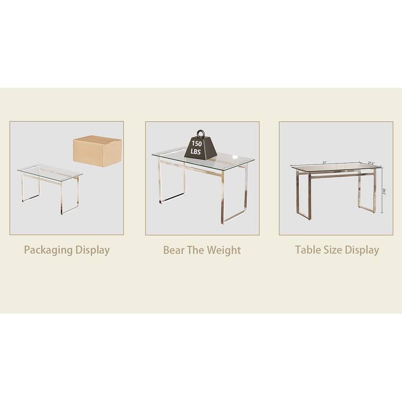 Modern Minimalist Rectangular Glass Dining Table with 0.31" Tempered Glass Tabletop and Silver Chrome Metal Legs