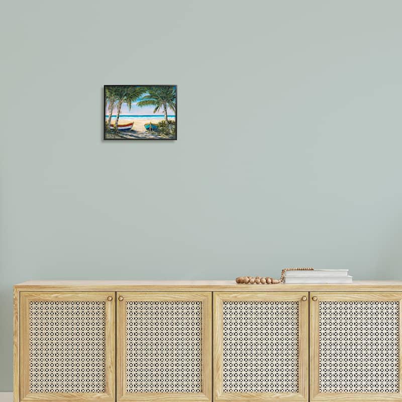 Stupell Row Boats on Beach Shore Tropical Palm Trees Framed Wall Art