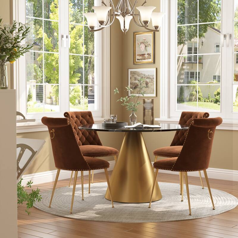48" Marble Top Metal Dining Table with Velvet Dining Chair Set