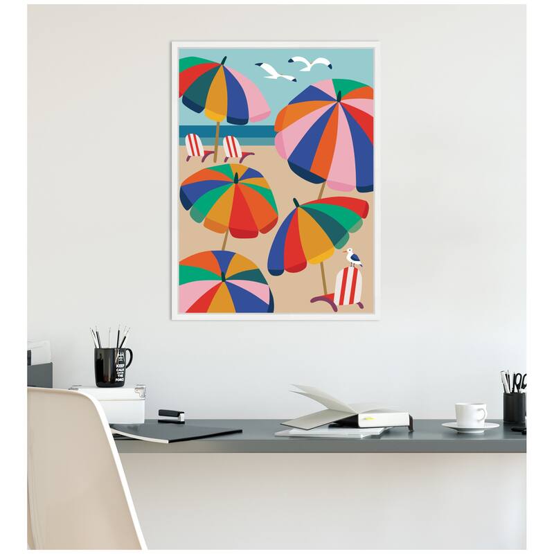 Kate and Laurel Coastal Beach Umbrellas by Rachel Lee Framed Canvas Wall Art Print