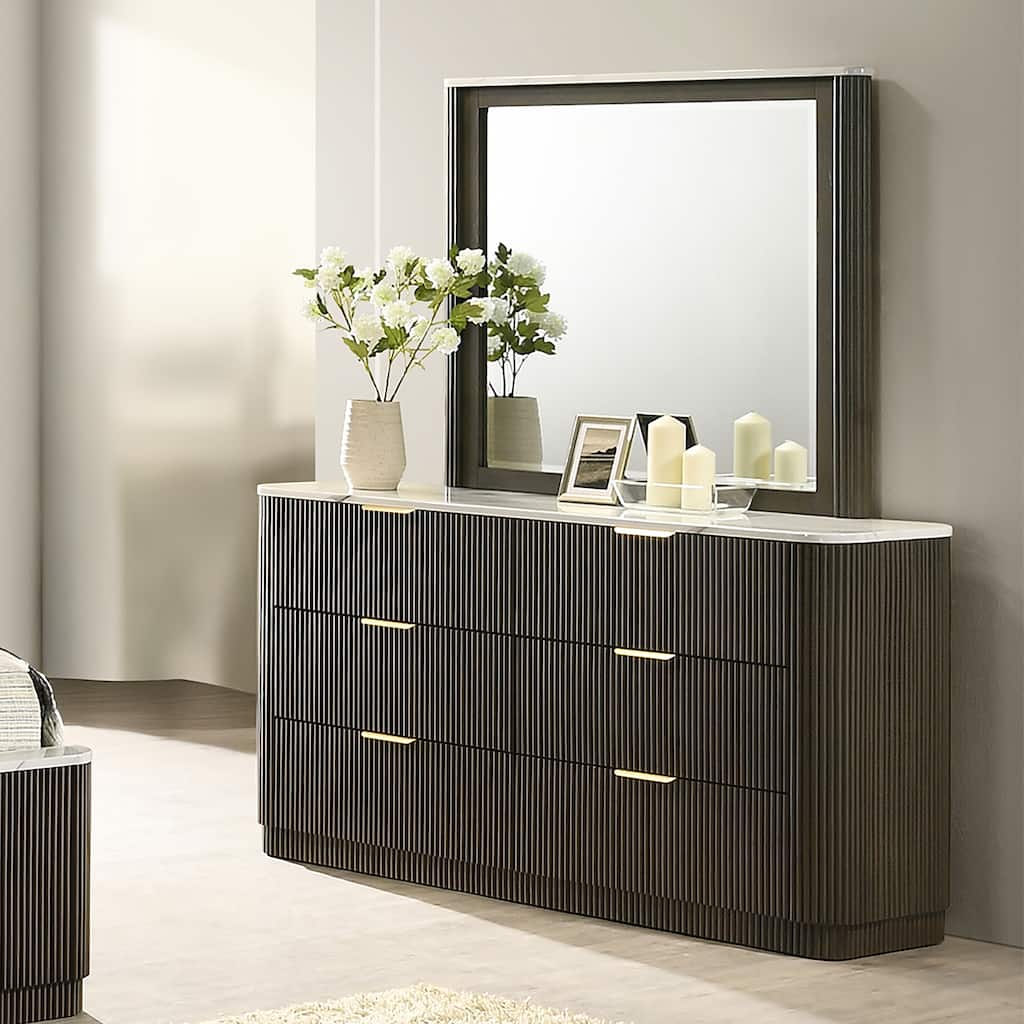 Furniture of America Alta Modern 2-Piece Dark Walnut 6-Drawer Dresser and Mirror Set with Artificial Marble Top