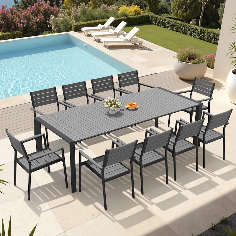 7/9/11-Piece Patio Dining Set Outdoor Aluminum Rectangle Dining Table and Stackable Chairs