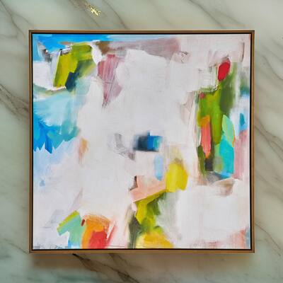 37 x 37 Handcrafted Wall Art, Isles Dream on Framed Canvas, Gold White Blue