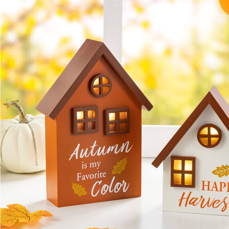 Glitzhome 8"H Set of 2 Lighted Fall Wooden House-shaped Table Decor