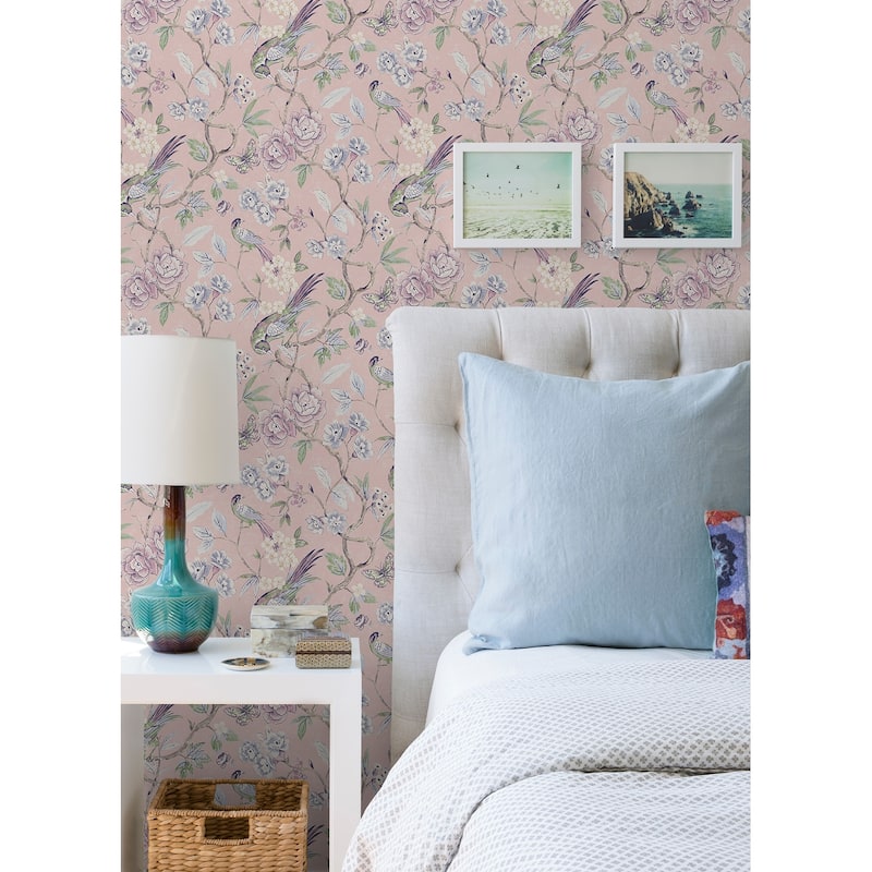 NuWallpaper Waverly Aviary Garden Pink Peel and Stick Wallpaper - N/A