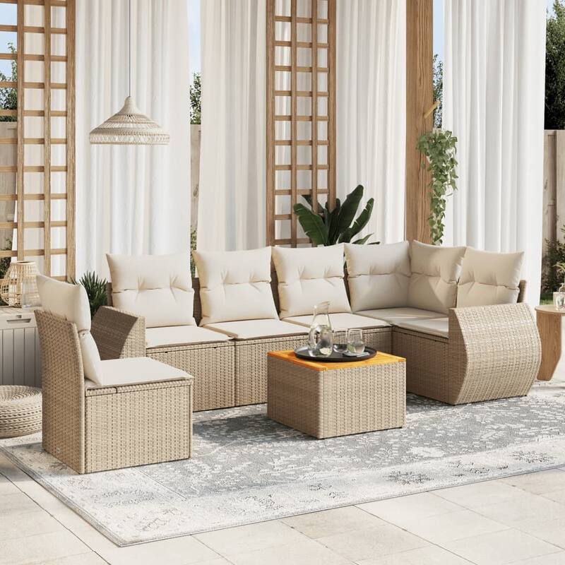 vidaXL Patio Sofa Set with Cushions Outdoor Furniture 7 Piece Poly Rattan - Beige-Table+3x middle+corner