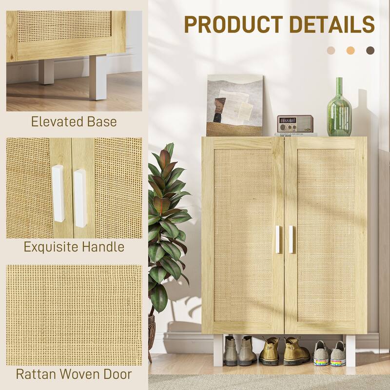 Boho Design Buffet Cabinet with 2 Rattan Doors and Adjustable Shelves for Living Room