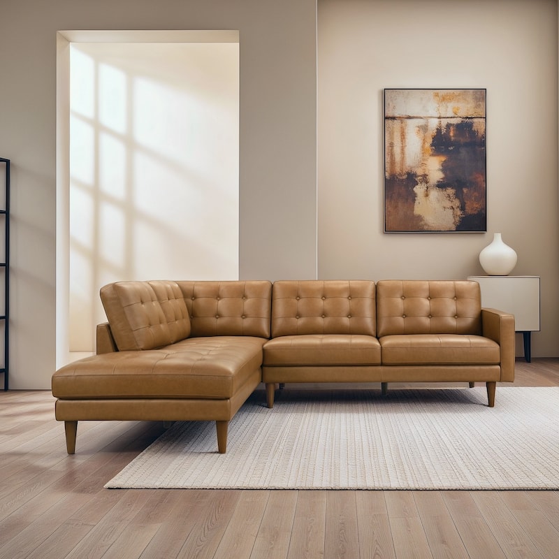 Lester Tufted Modern Living Room Top Leather Corner Sectional Sofa in Cognac Tan - Tan Leather - Left Facing