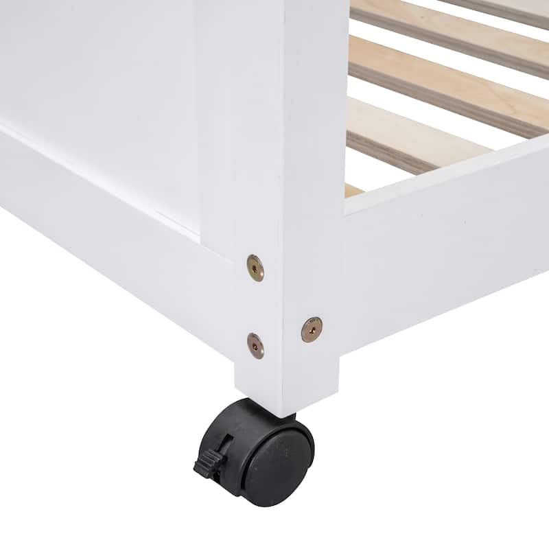 Full Over Full Bunk Bed, Platform Bed with Wheels, Loft Bed with Built-in Desk, Drawers, Ladder and Guardrail for Kids, Teen