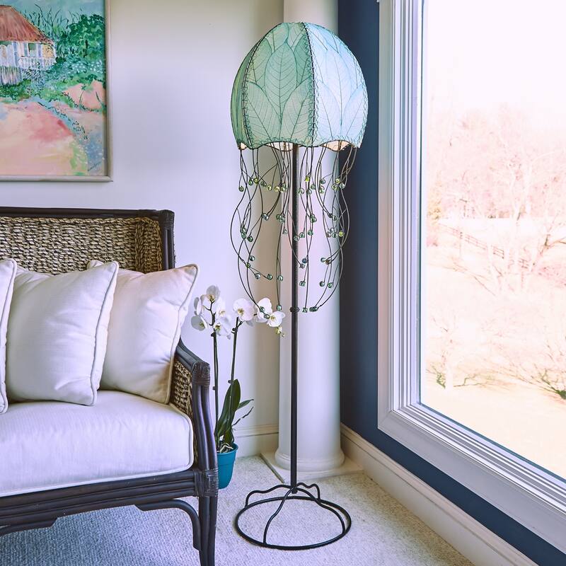 Handmade Jellyfish Large Floor Lamp, Cocoa Leaves Shade, 15 x 15 x 64 in.