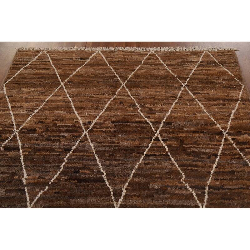 Hand Knotted Oriental 100% Wool Carpet Modern Trellis Brown Moroccan Area Rug - 6' 8'' X 5' 1''
