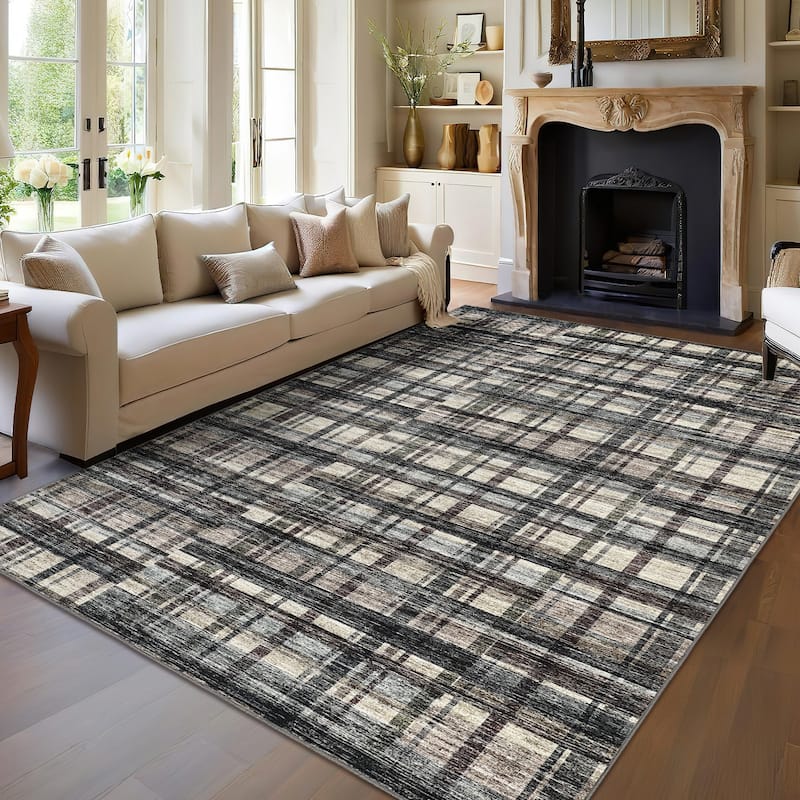 Area Rugs for Living Room Bedroom Modern Geometric Rug Low Pile Non Slip Farmhouse Plaid Carpet - Dark Green Brown - 5'x7'