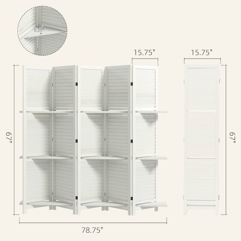 HOMCOM 5 Panel 67" Tall Wood Room Divider, Privacy Screen with 3 Display Shelves, and Folding Storage for Bedroom or Home Office