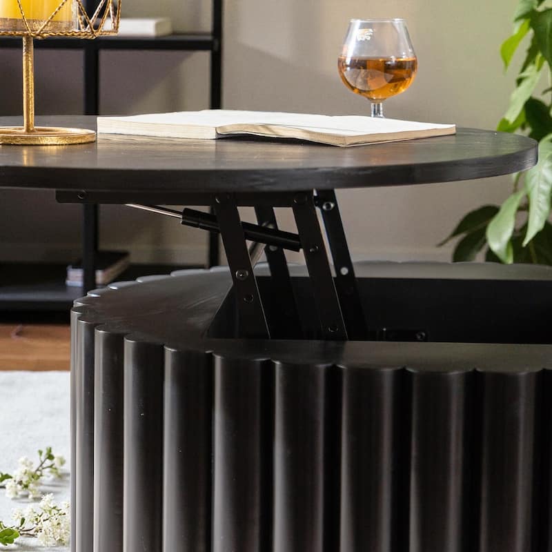 27.6'' Round Wooden Lift-Top Coffee Table with Hidden Storage, Handcrafted Relief Pedestal Tea Table for Living Room