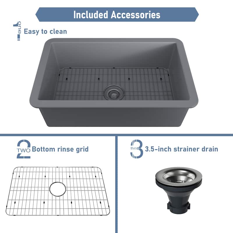 CASAINC Undermount Single Bowl Fireclay Kitchen Sink with Bottom Grid and Strainer, cUPC Certified