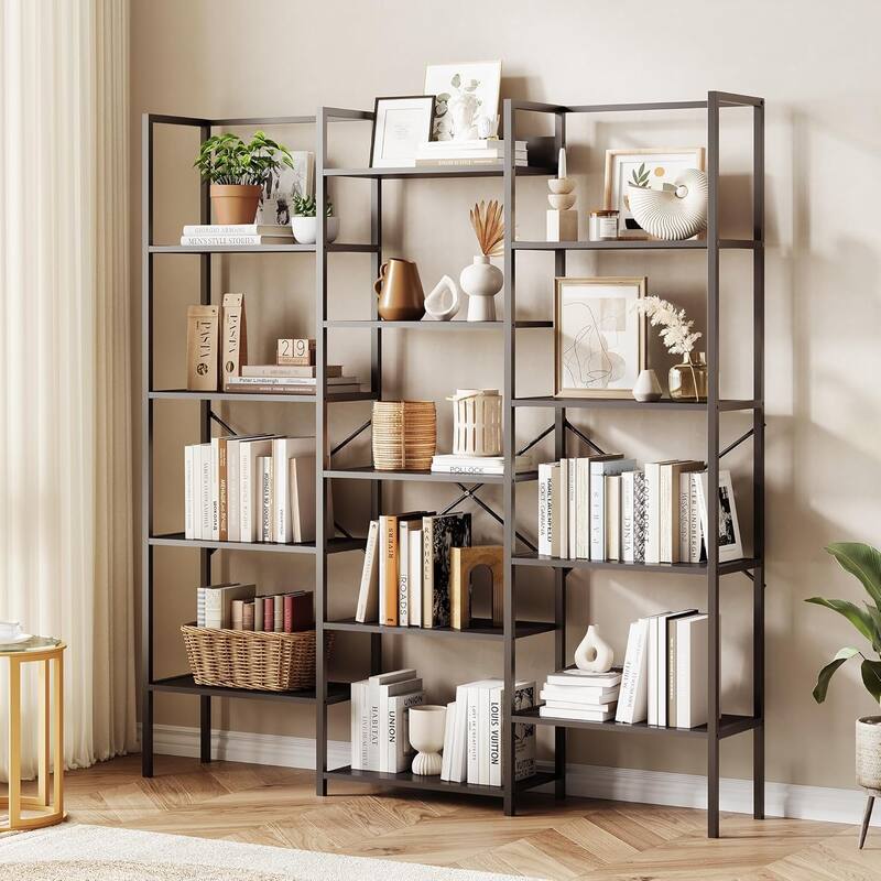 Triple Column 5-Tier Bookshelf, Rustic Industrial Bookshelf with Frame - Black