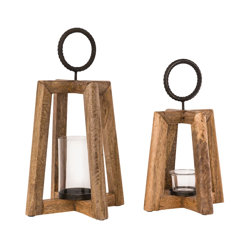 Atlas Carmel Set of 2 Wooden Lanterns - 14 inch Tall